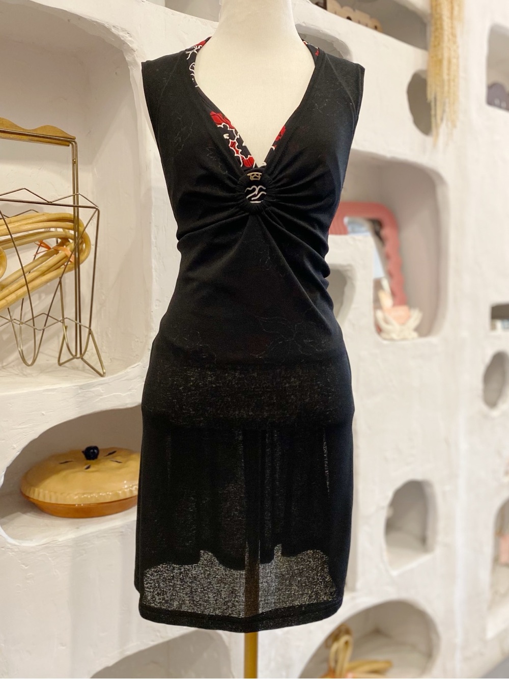 Sheer Black Mesh V Neck Sleeveless Cover Up Swimsuit Dress with Metal Ring Detai